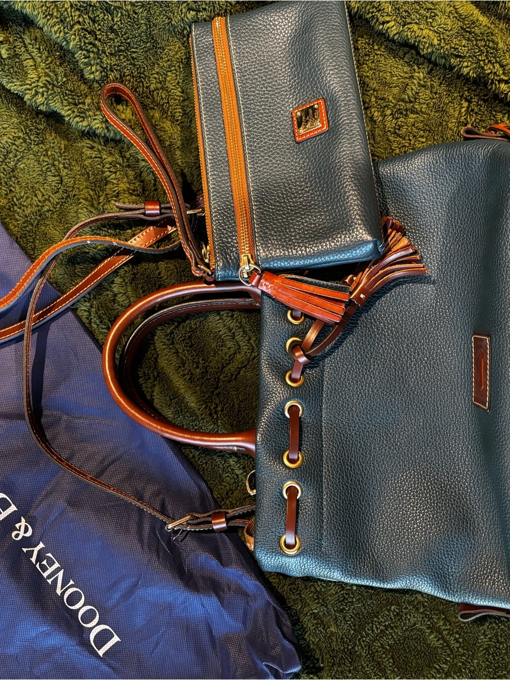 Dooney & Bourke Teal Pebble Leather Shoulder Bag with Brown Trim